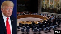 Tổng thống Mỹ Donald Trump và hình ảnh phiên họp của Hội đồng Bảo an LHQ.
