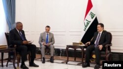 美防长奥斯汀在巴格达与伊拉克总理穆罕默德·希亚·苏达尼举行会谈。（2023年3月7日）
