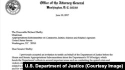 Thư của bộ trưởng Sessions hôm 10/6 nói ông sẽ ra điều trần trước Ủy ban Tình báo Thượng viện